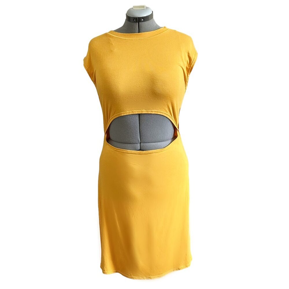 NEW LoveFire Front Cut Out Cap Sleeve Slinky Midi Dress Mineral Yellow